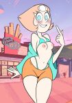 1girl 1girl 1girl areola bikini bikini_bottom bikini_top blonde_hair blue_bikini blue_eyes blush breasts breasts_out clothing exposed_breasts female_only forehead_jewel hair hauntedhouseart hips nipples pearl_(steven_universe) shorts small_breasts smile solo_female steven_universe thighs thong_straps wide_hips