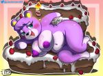  animal_crossing bedroom_eyes belly big_breasts birthday blush breasts cake_(food) chocolate_cake commission digital_media_(artwork) freckles fur furry green_eyes jackintaro looking_at_viewer megan_(animal_crossing) nintendo nipples purple_fur simple_background 