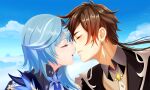 1boy 1girl blue_hair brown_hair closed_eyes cloud couple day duo earrings eula_(genshin_impact) floating_hair genshin_impact happyboynumber1 happyboynumber1_(artist) hetero incipient_kiss jewelry light_blue_hair lips long_hair low_ponytail neck neck_tie open_mouth outside parted_lips ponytail romantic romantic_couple short_hair sky tied_hair upper_body zhongli_(genshin_impact)