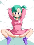 blue_eyes blush breasts bulma dragon_ball dress green_hair looking_at_viewer old_school_academy panties short_hair smile socks solo spread_legs underwear