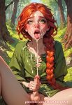 ai_generated braid braided_hair cum cum_on_face cumshot femboy feminine_male forest ginger green_eyes handjob hippie pleasure_face red_hair redcherryart sissy sitting small_penis spread_legs