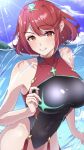 1girl 1girl 1girl absurd_res alluring bare_shoulders beach big_breasts big_breasts big_breasts black_one-piece_bikini brown_eyes buxom chest_jewel core_crystal core_crystal_(xenoblade) covered_navel cowboy_shot fit_female high_res looking_at_viewer nintendo ocean one-piece_bikini pyra red_hair red_one-piece_swimsuit shikohatsu sunlight swimsuit tiara water_drop xenoblade_(series) xenoblade_chronicles_2