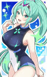 1girl alluring big_breasts black_one-piece_bikini blue_background border commission cowboy_shot daiichi_(1279220) green_eyes green_hair high_ponytail high_res long_hair nintendo one-piece_bikini pneuma_(xenoblade) ponytail skeb_commission swimsuit very_long_hair watermark white_border white_one-piece_bikini xenoblade_(series) xenoblade_chronicles_2