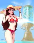 1girl 1girl 1girl alluring ass big_breasts big_breasts bikini bikini_bottom bikini_top blue_eyes bracelet bracelets brown_hair cleavage curvy cute dots earrings female_only fingernails hat hips human jewelry long_hair looking_at_viewer mario_(series) nintendo outside pale_skin pauline seagull sky stomach super_mario_odyssey thick water wide_hips yokihura