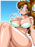 1girl alluring big_breasts bikini bishoujo_senshi_sailor_moon blue_background blush brown_hair cleavage collarbone earrings green_bikini green_eyes hair_bobbles hair_ornament high_res inabakun00 jewelry long_hair looking_at_viewer makoto_kino ponytail sitting smile swimsuit thick_thighs thighs