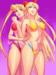 1girl 2_girls alluring big_breasts bikini bishoujo_senshi_sailor_moon blonde_hair blue_eyes bow cleavage erect_nipples female_only hairband long_hair medium_breasts minako_aino navel small_breasts swimsuit usagi_tsukino voluptuous xdtopsu01