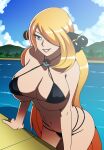 1girl alluring big_breasts bikini black_bikini blonde blonde_female blonde_hair blonde_hair_female chacrawarrior cleavage cynthia cynthia_(pokemon) hair_covering_eye looking_at_viewer one_eye_covered pokemon pokemon_champion pool swimming_pool