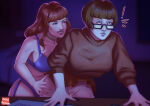 2_girls arm_support bangs bare_shoulders big_breasts blue_eyes blunt_bangs breasts brown_hair choker couple daphne_blake duo female/female female_only fingering glasses green_choker grin hanna-barbera indoors ivana_anemon lingerie lips lipstick long_hair looking_at_another makeup medium_breasts multiple_girls neck on_table orange_hair parted_lips scooby-doo short_hair sidelocks smile table vaginal vaginal_fingering velma_dinkley warner_brothers yuri