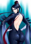  1girl ass back bad_id bare_back bayonetta bayonetta_(character) beauty_mark black_eyes black_hair bodysuit breasts chains earrings elbow_gloves female from_behind glasses gloves hair_bun hands_on_hips huge_breasts jewelry lipstick long_hair looking_back makeup mole red_ribbon ribbon skin_tight solo strap takasugi_kou takasugikou very_long_hair 