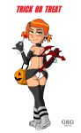 2012 ass ben_10 blush boots bracelet candy cosplay demon demon_girl demon_tail demon_wings disgaea ear_piercing earrings etna gkg gloves gwen_tennyson halloween jewelry lollipop looking_at_viewer looking_back orange_hair panties piercings red_ass shiny shiny_skin short_hair skirt skirt_lift smile solo white_background white_panties wings