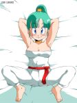 blue_eyes blush breasts bulma dragon_ball green_hair looking_at_viewer old_school_academy smile solo spread_legs