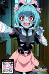 1girl 1girl 1girl ai-generated ai_generated aqua_hair arms_behind_head arms_up artist_name bandages bangs belt black_legwear black_shirt black_thighhighs blue_hair blush bow breasts choker clothing colored_skin door grin hair_bow hair_ornament indoors legwear littlehentai long_sleeves looking_at_viewer neck_tie patchwork_skin pink_bow pink_eyes pink_skirt red_eyes ribbon savitar savitar_(ai_generator) savitar_(artist) sharp_teeth shirt short_hair short_sleeves skindentation skirt skull small_breasts smile standing stitched_face stitches stockings striped teeth torn_clothes watermark zettai_ryouiki zombie