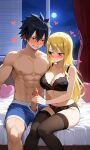 big_penis black_hair black_lingerie_panties blonde_hair blush boxers erection fairy_tail gray_fullbuster handjob imminent_sex lucy_heartfilia pixai wholesome