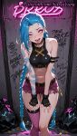 1girl 1girl 1girls 2025 against_wall ahegao ai ai_assisted ai_generated anime anime_style arcane arm_strap arm_tattoo asymmetrical_bangs asymmetrical_clothes asymmetrical_legwear bangs bare_shoulders belt bent_over big_breasts black_choker black_gloves blue_hair blush body_paint braid breasts bullet bust chain-link_fence character_name choker coin collarbone crop_top eyeshadow feet_out_of_frame female_focus female_only fence fingerless_gloves fishnet_stockings fishnet_thighhighs fishnets gloves graffiti hands_on_own_thighs hentai high_quality high_res high_res high_resolution jewelry jinx_(league_of_legends) league_of_legends league_of_legends:_wild_rift leaning_forward lipstick long_hair long_nails looking_at_viewer makeup medium_breasts midriff nail_polish natsuyoru navel open_mouth patreon piercing pink_eyes pink_shorts pink_thighhighs purple_shorts riot_games saliva shiny shiny_skin short_shorts shorts shoulder_tattoo single_thighhigh smile solo_female stable_diffusion standing stockings stockings stomach tattoo teeth thigh_gap thighs tongue tongue_out torn_clothes trash_bag twin_braids very_long_hair voluptuous voluptuous_female