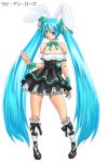 1girl animal_ears aqua_eyes aqua_hair bare_shoulders breasts bunny_ears cleavage contrapposto cosplay di_gi_charat dice dress hair_cubes hair_ornament hair_ribbon hatsune_miku judge_martin long_hair miku_hatsune pigeon-toed ribbon simple_background solo twin_tails twintails usada_hikaru usada_hikaru_(cosplay) very_long_hair vocaloid white_background wrist_ribbon