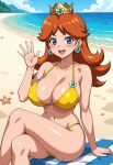 1girl alluring androidparanoid beach big_breasts bikini blue_eyes blue_sky brown_hair cleavage crossed_legs crown mario_(series) nintendo ocean princess_daisy super_mario_bros. yellow_bikini