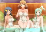 3_girls alluring arm_support bamboo big_breasts blue_eyes blue_hair blush brown_hair bush cleavage collarbone creatures_(company) dawn dawn_(pokemon) fence game_freak green_eyes green_hair hair_ornament hairclip hand_on_own_chest lisia lisia_(pokemon) long_hair looking_at_viewer may may_(pokemon) medium_breasts multiple_girls naked_towel night night_sky nintendo nude onsen open_mouth partially_submerged pokemon pokemon_dppt pokemon_oras pokemon_rse ponytail sitting sky smile soaking_feet star_(sky) starry_sky steam towel water zel-sama