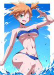 1girl 1girl 1girl 2019 abs adapted_costume aged_up alternate_breast_size alternate_costume alternate_outfit arm_up ass bare_shoulders big_breasts bikini blue_background blue_bikini blue_swimsuit blush cleavage clothed day eye_contact eyebrows_visible_through_hair female_only green_eyes gym_leader human human_only kasumi_(pokemon) looking_at_viewer medium_breasts midriff misty misty_(pokemon) misty_(pokemon_rgby) navel nintendo older_female one_eye_closed open_mouth orange_hair outside partially_submerged pokemon pokemon_rgby short_hair short_orange_hair side_ponytail sideboob sky smile splashing standing suzusiigasuki swimsuit teeth thick_thighs thighs thin_waist tied_hair tongue under_boob water white_border wide_hips wink