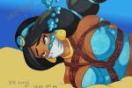 1girl aladdin_(series) bad_end bad_ending ball_and_chain big_breasts blue-lotus bondage bound bound_and_gagged breathhold disney disney_princess drowning fanart female gagged princess_jasmine ryona solo tanned_skin traditional_art underwater underwater_peril underwater_scene