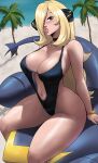 1girl 1girl 1pokemon 2022 absurd_res alluring beach bikini blonde_female blonde_hair cynthia cynthia_(pokemon) echosaber female_only garchomp hair_ornament hair_over_one_eye hips lips long_hair nintendo one-piece_bikini outside pink_lips pokémon_(species) pokemon pokemon_(species) pokemon_dppt slim_waist swimsuit thick_thighs thighs wide_hips