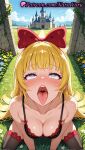 1girl 1girl 1girls 2025 ahegao ai ai_assisted ai_generated anime anime_style bangs bare_shoulders big_breasts big_breasts black_bra black_legwear black_thighhighs blonde_hair blue_eyes blunt_bangs blush bow bra breasts bust castle cleavage collarbone day dokidoki!_precure female_focus female_only field fisheye flower flower_field grass hair_bow hairband heart heart-shaped_pupils hentai high_quality high_res high_res high_resolution kneel lace-trimmed_bra lace_trim long_hair looking_at_viewer looking_up medium_breasts natsuyoru open_mouth oral_invitation outside patreon pretty_cure red_bow red_hairband regina_(dokidoki!_precure) rolling_eyes saliva shiny sitting sky solo_female stable_diffusion stockings sweat symbol-shaped_pupils teeth tongue tongue_out underwear underwear_only uvula very_long_hair voluptuous voluptuous_female