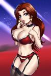 1girl 1girl 1girl alluring big_breasts blue_eyes bra brown_hair earrings female_only fingernails leonart lips long_hair mario_(series) nintendo panties pauline red_lingerie solo_female solo_focus super_mario_odyssey underwear