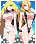 2_girls adapted_costume aether_foundation alluring alternate_costume ass big_breasts bikini blonde_hair blonde_hair_over_one_eye blush camera champion cynthia cynthia_(pokemon) duo green_eyes hair_over_one_eye human human_only long_blonde_hair long_hair looking_at_viewer lusamine_(pokemon) milf nintendo one-piece_swimsuit pokemon pokemon_dppt pokemon_sm pokemon_usm silver_eyes sky sling_bikini smile string_bikini suzusiigasuki sweat swimsuit thick_thighs tight_clothing wide_hips