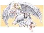 1girl alluring angel angel_(tekken) angel_wings anklet arm_around_waist bare_shoulders barefoot blonde_hair blue_eyes breasts circlet dress feathered_wings feet jewelry kylance namco pants short_hair smile solo tekken tekken_2 tekken_tag_tournament tekken_tag_tournament_2 toes vambraces white_dress white_wings wings