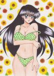 1990s_(style) 1girl 1girl absurd_res alluring big_breasts bishoujo_senshi_sailor_moon black_hair blue_eyes blush bow bow_panties bra earrings female_focus floral_background flower green_bra green_panties high_res jewelry long_hair open_mouth panties rascal_(n119) rei_hino sailor_mars smile underwear