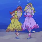 2girls blonde_hair breasts breasts_out brown_hair dress dress_down drowning drowning_with_breasts_out dying earrings female female_only girls_drowning heimlich_heathen high_heels imminent_death mario_(series) multiple_girls nintendo nipples peril princess_daisy princess_peach puffy_cheeks super_mario_bros. underwater underwater_peril_aladdin