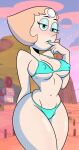 1girl 1girl 1girl bikini bikini_bottom bikini_top blonde_hair blue_bikini blue_eyes blue_lips blue_lipstick blush breasts erect_nipples eyeshadow female_only forehead_jewel hair half-closed_eyes hauntedhouseart hips lips lipstick medium_breasts pearl_(steven_universe) solo_female steven_universe thick_thighs thighs wide_hips