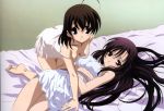  2girls ahoge barefoot bed bed_sheet black_eyes black_hair breasts brown_eyes brown_hair camisole cleavage feet hair high_res katsura_kotonoha long_hair multiple_girls saionji_sekai school_days short_hair soles very_long_hair 