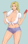  1girl bad_id blonde_hair blue_eyes breasts cleavage cutoffs denim denim_shorts female front-tie_top huge_breasts midriff navel original shiny shiny_skin shirt short_shorts shorts solo takasugi_kou takasugikou tied_shirt 