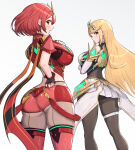 2_girls absurd_res alluring big_breasts blonde_hair blush bob_cut chest_jewel earrings fingerless_gloves gloves gonzarez headpiece high_res jewelry long_hair looking_back multiple_girls mythra mythra_(massive_melee)_(xenoblade) nintendo pyra red_eyes red_hair short_hair shorts simple_background stockings swept_bangs tiara white_background xenoblade_(series) xenoblade_chronicles_2