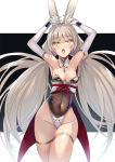 1girl alluring alternate_costume alternate_species bangs blush bunny_ears bunny_girl bunnysuit cat_eyes coat_tails collar colored core_crystal crystal exposed_shoulders fangs gem gloves grey_hair hands_above_head hinot inoue_takuya long_gloves long_hair navel nia nia_(blade) nia_(blade)_(xenoblade) nia_(xenoblade) nintendo small_breasts thick_thighs thigh_strap thighs tight_clothing twin_tails xenoblade_(series) xenoblade_chronicles_2 yellow_eyes