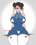 1girl abs big_breasts blush brown_eyes brown_hair chun-li huge_breasts looking_at_viewer massive_breasts nei_(artist) nei_vertex_(artist) puffy_lips sitting street_fighter thick_thighs tight_clothes