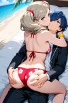 1boy 1girl ai_generated ann_takamaki ass bikini_bottom blonde_hair blue_eyes blue_hair couple crossover minato_arisato persona_3 persona_5 sitting_on_person yuuki_makoto