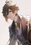 1boy ahoge brown_hair brown_jacket earrings fuyuni0307 genshin_impact gradient gradient_hair grin hair_between_eyes half-closed_eyes jacket jewelry long_sleeves looking_at_viewer low_ponytail male_only male_solo multicolored_hair neck neck_tie orange_eyes parted_lips ponytail smile tied_hair two-tone_hair two_tone_hair zhongli_(genshin_impact)