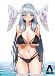 1girl 1girl alluring alternate_costume big_breasts bikini black_bikini blue_eyes cleavage grey_hair head_wings i_am_anddo long_hair melia_antiqua nintendo outside swimsuit water wings xenoblade_(series) xenoblade_chronicles_3