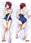 ass barefoot big_ass blush breasts dakimakura huge_ass looking_at_viewer one-piece_swimsuit oribe_mafuyu purple_eyes red_hair seikon_no_qwaser sideboob soles swimsuit