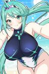 1girl alluring big_breasts bikini cleavage closed_mouth commission competition_bikini covered_navel daiichi_(1279220) green_eyes green_hair high_res highleg looking_at_viewer nintendo ocean one-piece_bikini pneuma_(xenoblade) ponytail skeb_commission smile swimsuit xenoblade_(series) xenoblade_chronicles_2