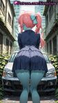 1girl 1girl 1girls 2025 ahoge ai ai_assisted ai_generated anime anime_style ass ass back bent_over black_jacket blazer blue_jacket blue_pantyhose blue_skin blue_skirt body_paint bow building car colored_skin day facing_away feet_out_of_frame female_focus female_only from_behind glass_shards ground_vehicle hair_bow hentai high_quality high_res high_res high_resolution jacket juicy_butt kneepits leaning_forward legs long_hair long_sleeves minamoto_sakura miniskirt motor_vehicle natsuyoru outside overgrown pantyhose patreon pink_hair plant pleated_skirt polka_dot polka_dot_bow polka_dot_ribbon ponytail red_hair school_uniform shirt side_ponytail skirt solo_female stable_diffusion twin_tails vehicle_focus voluptuous voluptuous_female zombie zombie_land_saga