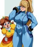 1girl 2_girls big_breasts blonde_hair blue_eyes blush bodysuit breasts brown_hair clothing coolerinker crown dress earrings gloves hand_on_hip headwear high_ponytail inker_comics inkershike jewelry long_hair looking_at_viewer mario_(series) metroid multiple_girls muscle_awe muscle_worship muscular muscular_female open_mouth orange_dress ponytail princess princess_daisy puffy_sleeves samus_aran simple_background skin_tight smile super_mario_bros. super_smash_bros. teeth thick_thighs thighs tied_hair white_background white_gloves yellow_dress yuri zero_suit