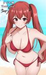 1girl 1girl 1girl alluring bare_arms beach bikini blue_sky brown_eyes cleavage closed_mouth cloud collarbone commentary_request day fire_emblem fire_emblem_fates hair_ribbon hand_on_own_hip high_res horizon long_hair medium_breasts navel nintendo ocean outside red_bikini red_hair ribbon selena_(fire_emblem_fates) severa_(fire_emblem) sky smile standing surippa1010 swimsuit twin_tails