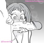 1boy 1girl 1girls 2025 big_penis blush chickpea cock_shock digital_drawing_(artwork) faceless_male gradient_background grey_background grey_theme greyscale hand_on_penis handjob huge_penis in_awe light-skinned_male looking_at_penis male monochrome my_hero_academia ochako_uraraka penis penis short_hair simple_background uncensored