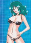 1girl 1girl alluring bad_id bad_pixiv_id bikini bishoujo_senshi_sailor_moon blue_eyes female_focus gradient_background michiru_kaiou navel open_mouth rascal_(n119) swimsuit teal_hair wavy_hair