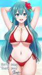 1girl 1girl :d alluring aqua_eyes aqua_hair arms_up bare_arms beach big_breasts bikini blue_sky blush cleavage cloud day eirika_(fire_emblem) fire_emblem flower gluteal_fold hair_between_eyes hair_flower hair_ornament hibiscus high_res jewelry long_hair looking_at_viewer navel necklace nintendo open_mouth outside red_bikini red_flower sidelocks sky smile standing surippa1010 swimsuit teeth under_boob upper_teeth_only very_long_hair