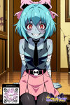 1girl 1girl 1girl ai-generated ai_generated aqua_hair arms_behind_head arms_up artist_name bandages bangs belt black_legwear black_shirt black_thighhighs blue_hair blush bow breasts choker clothing colored_skin door grin hair_bow hair_ornament indoors legwear littlehentai long_sleeves looking_at_viewer neck_tie patchwork_skin pink_bow pink_eyes pink_skirt red_eyes ribbon savitar savitar_(ai_generator) savitar_(artist) sharp_teeth shirt short_hair short_sleeves skindentation skirt skull small_breasts smile standing stitched_face stitches stockings striped teeth torn_clothes watermark zettai_ryouiki zombie