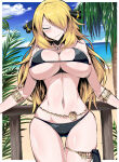 1girl 1girls alluring alternate_version_available big_breasts bikini blonde_hair blush champion cleavage cynthia_(pokemon) eye_contact female_only grin hair_ornament hair_over_one_eye half-closed_eyes horny horny_female long_blonde_hair long_hair looking_at_viewer necklace nintendo pale-skinned_female pale_skin pokemon pokemon_dppt seductive skindentation smirk smug suzusiigasuki thighs