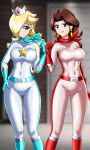 1girl 2_bodysuits 2_girls 3:5 5_fingers alluring big_breasts blonde_hair blue_eyes bodysuit closed_mouth clothing eyes female_focus female_only gloves hair_over_one_eye human irohazakayouth mario_(series) nintendo open_eyes pauline png princess_rosalina rosalina smile standing super_mario_bros. tagme take_your_pick telere tight_clothing